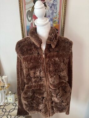 Lisa International Rich Brown Faux Fur Panel Zip Jacket